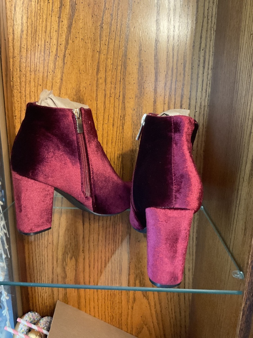 Burgundy velvet ankle boots